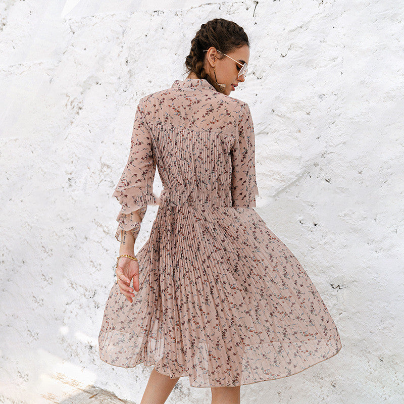Robe décontractée plissée à manches longues et motif floral, style nouveau