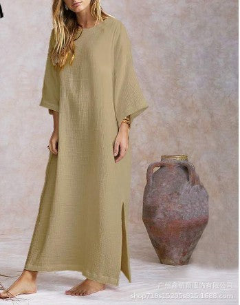 Femmes Solide Maxi Longue Robe Coton Vintage Grande Taille Robe Blanche Sexy Fendu Ourlet Robe Femme