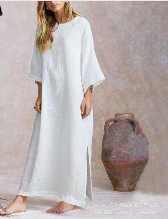 Femmes Solide Maxi Longue Robe Coton Vintage Grande Taille Robe Blanche Sexy Fendu Ourlet Robe Femme