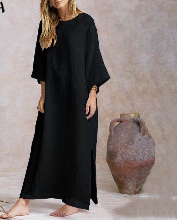 Femmes Solide Maxi Longue Robe Coton Vintage Grande Taille Robe Blanche Sexy Fendu Ourlet Robe Femme