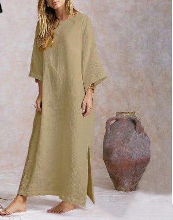 Femmes Solide Maxi Longue Robe Coton Vintage Grande Taille Robe Blanche Sexy Fendu Ourlet Robe Femme