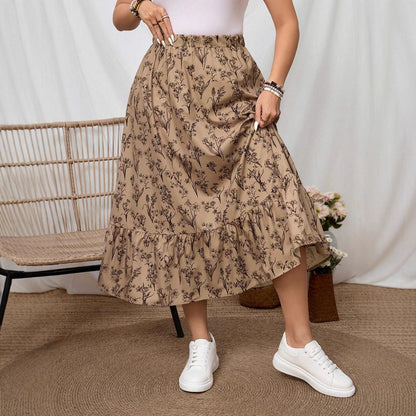 Jupe midi à imprimé floral avec taille élastique et volant fluide