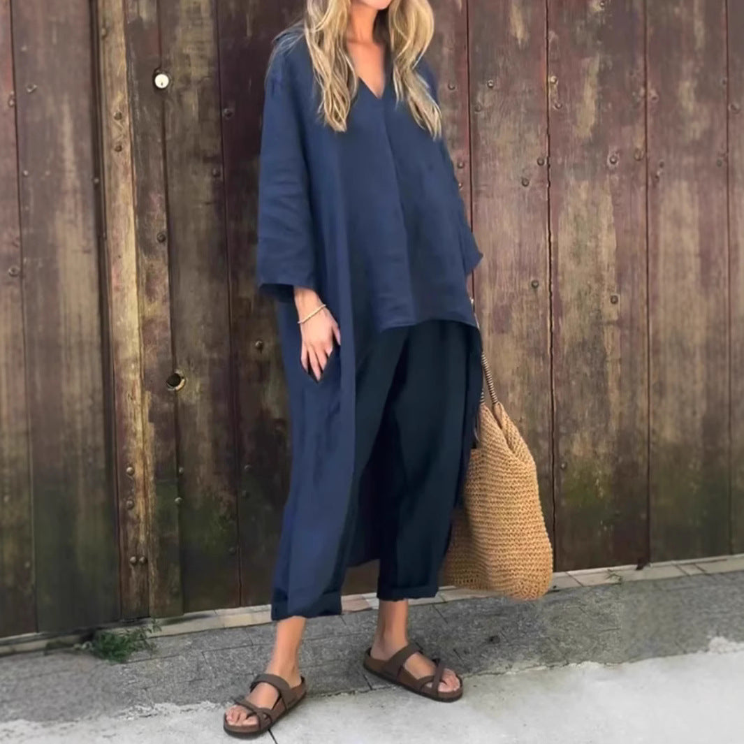 Ensemble deux pièces décontracté avec tunique longue fendue et pantalon ample