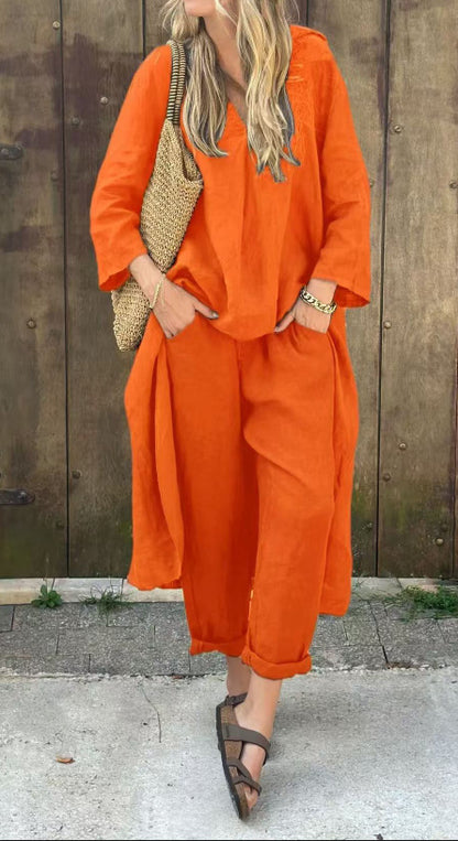 Ensemble deux pièces décontracté avec tunique longue fendue et pantalon ample