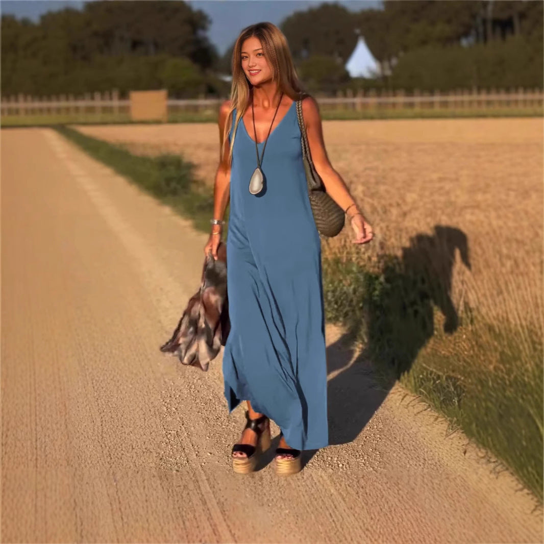 Robe à bretelles sexy et tendance à col en V pour femme