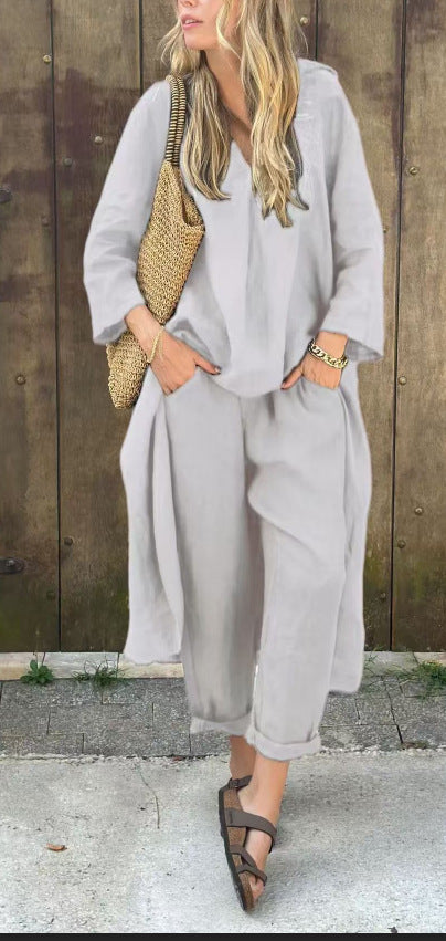 Ensemble deux pièces décontracté avec tunique longue fendue et pantalon ample