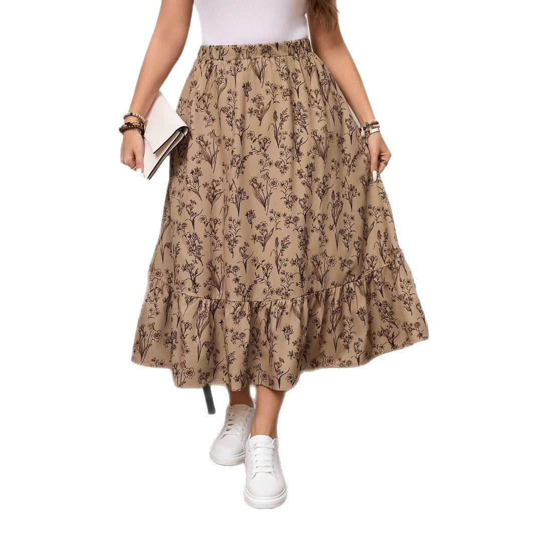 Jupe midi à imprimé floral avec taille élastique et volant fluide