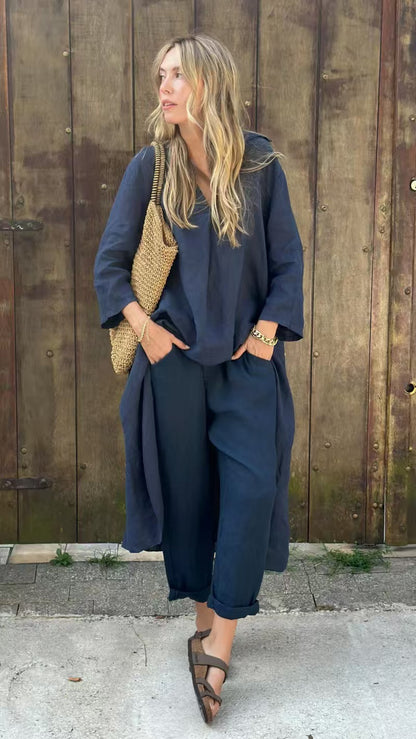 Ensemble deux pièces décontracté avec tunique longue fendue et pantalon ample