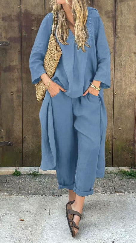 Ensemble deux pièces décontracté avec tunique longue fendue et pantalon ample