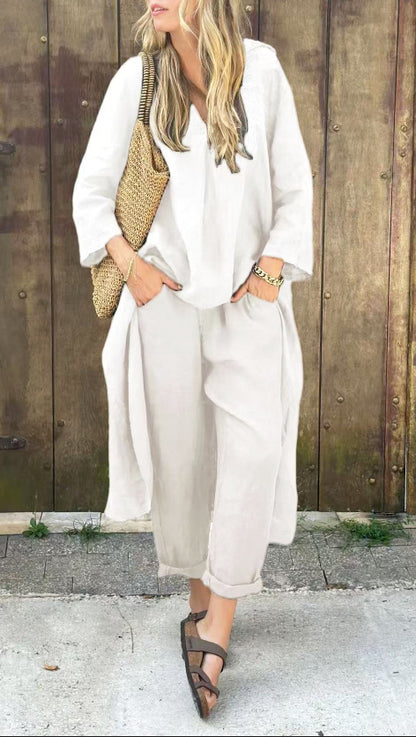 Ensemble deux pièces décontracté avec tunique longue fendue et pantalon ample