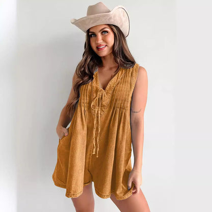Combinaison Courte Décontractée Sans Manches à Plis et Liens
