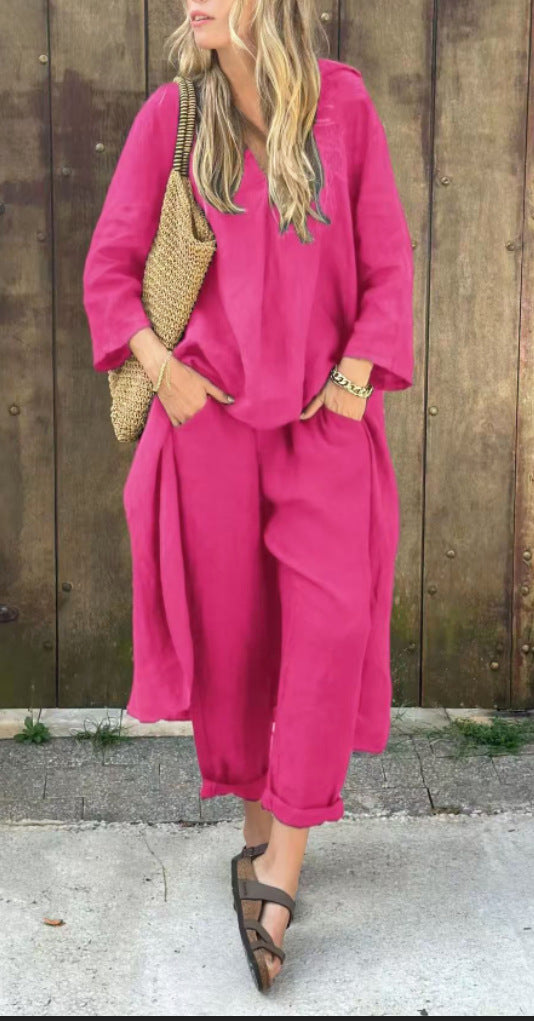 Ensemble deux pièces décontracté avec tunique longue fendue et pantalon ample