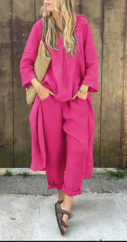 Ensemble deux pièces décontracté avec tunique longue fendue et pantalon ample